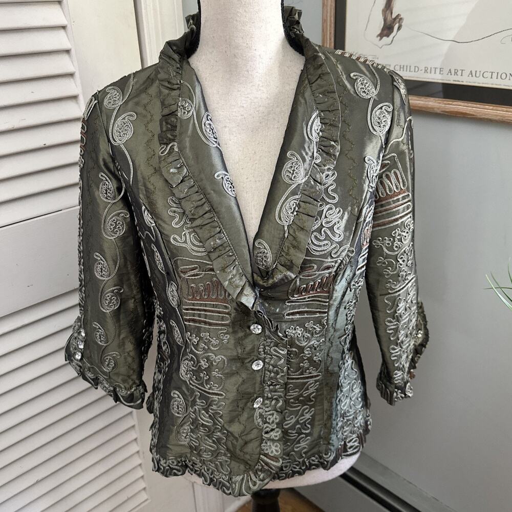 Agora Jacket Womens Medium Green Taffeta Embellished Evening Boho Chic